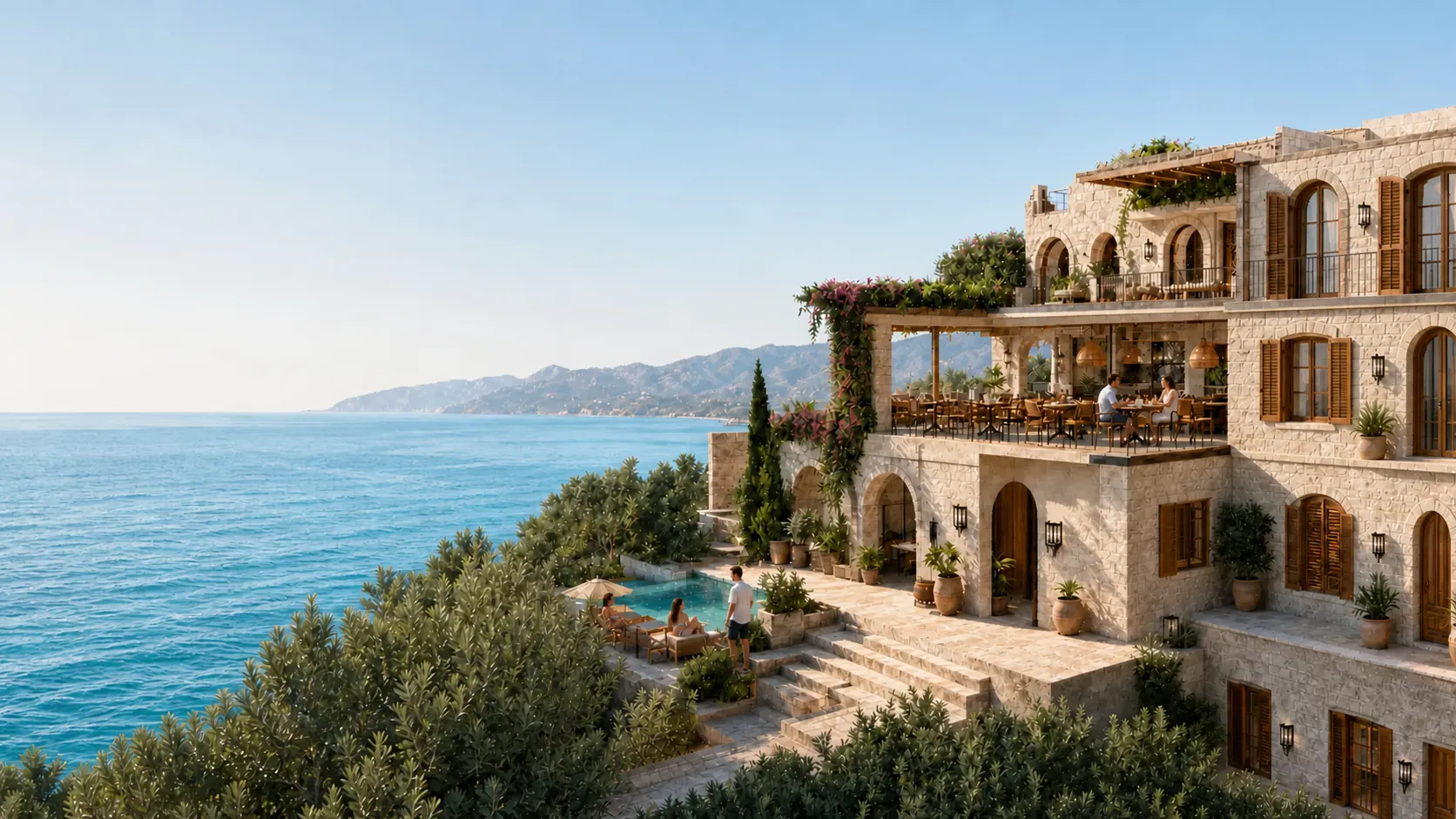A coastal Mediterranean luxury hotel seen from the guest perspective.